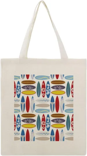 Donnapink Shopping Tote Bag, Insulated Cooler Reusable Bag USA Made Lunch Box Thermal Portable Handbag Print Surfing Floral Surfing Boards Seamless On White