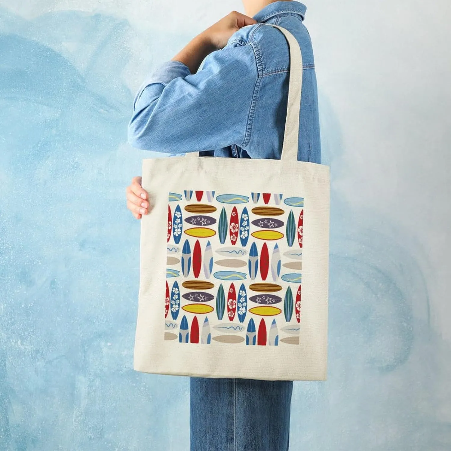 Donnapink Shopping Tote Bag, Insulated Cooler Reusable Bag USA Made Lunch Box Thermal Portable Handbag Print Surfing Floral Surfing Boards Seamless On White