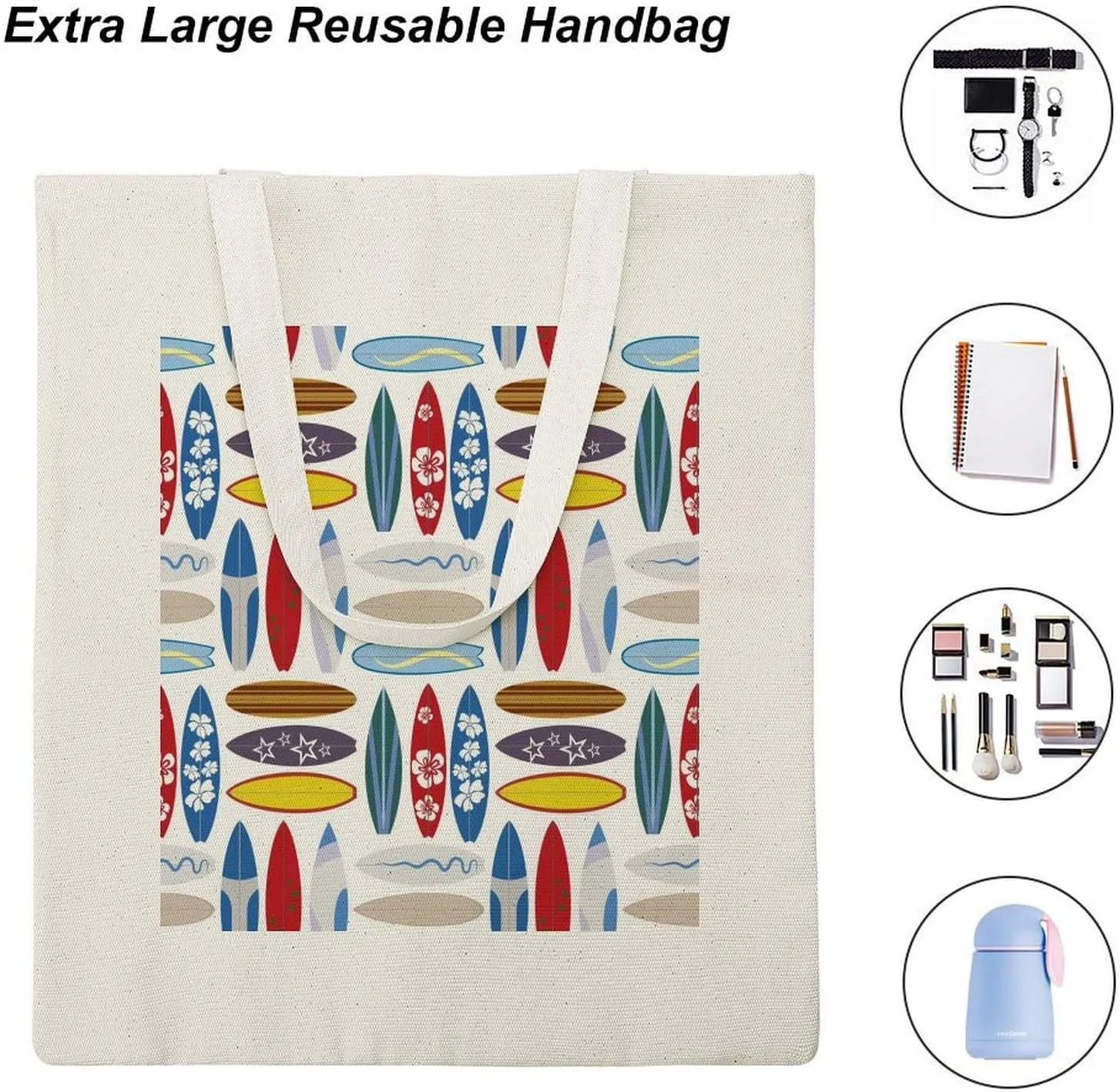 Donnapink Shopping Tote Bag, Insulated Cooler Reusable Bag USA Made Lunch Box Thermal Portable Handbag Print Surfing Floral Surfing Boards Seamless On White