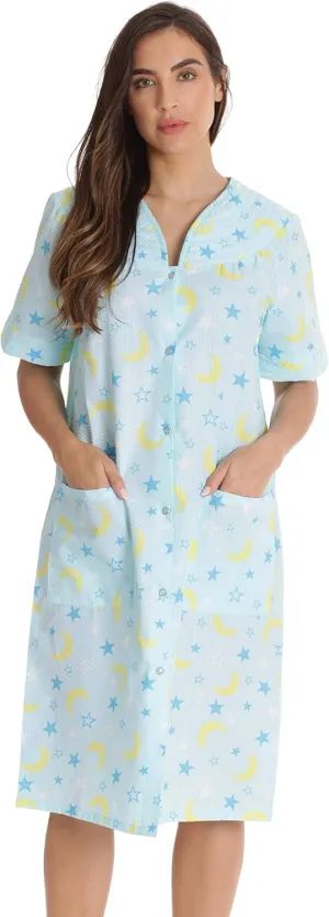 Dreamcrest Short Sleeve Seersucker Duster Snap-Front House Coat with Pockets