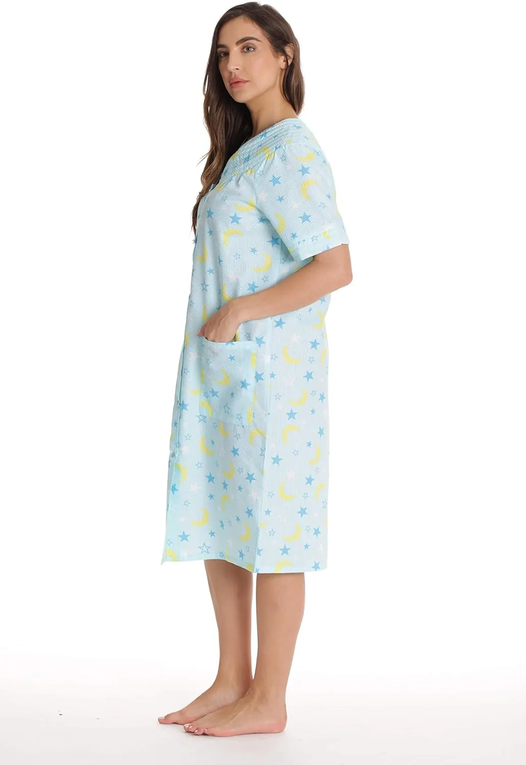 Dreamcrest Short Sleeve Seersucker Duster Snap-Front House Coat with Pockets