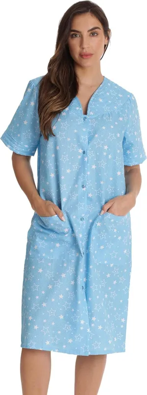 Dreamcrest Short Sleeve Seersucker Duster Snap-Front House Coat with Pockets