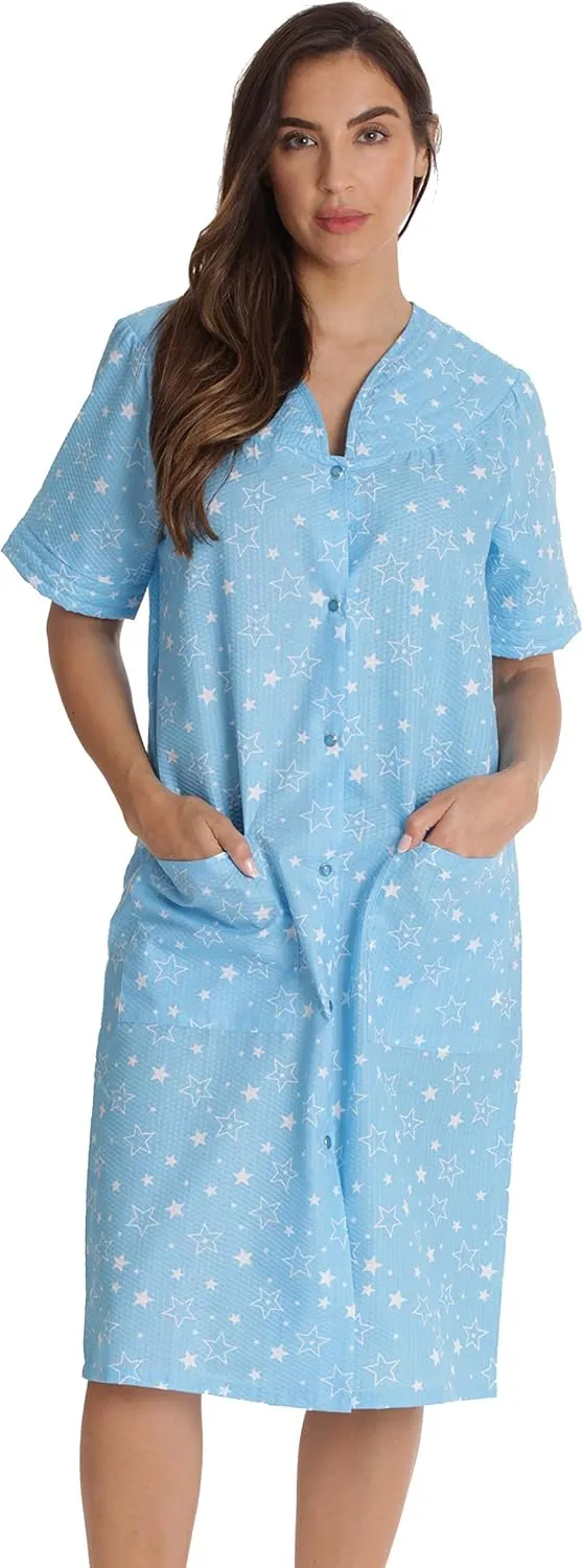 Dreamcrest Short Sleeve Seersucker Duster Snap-Front House Coat with Pockets