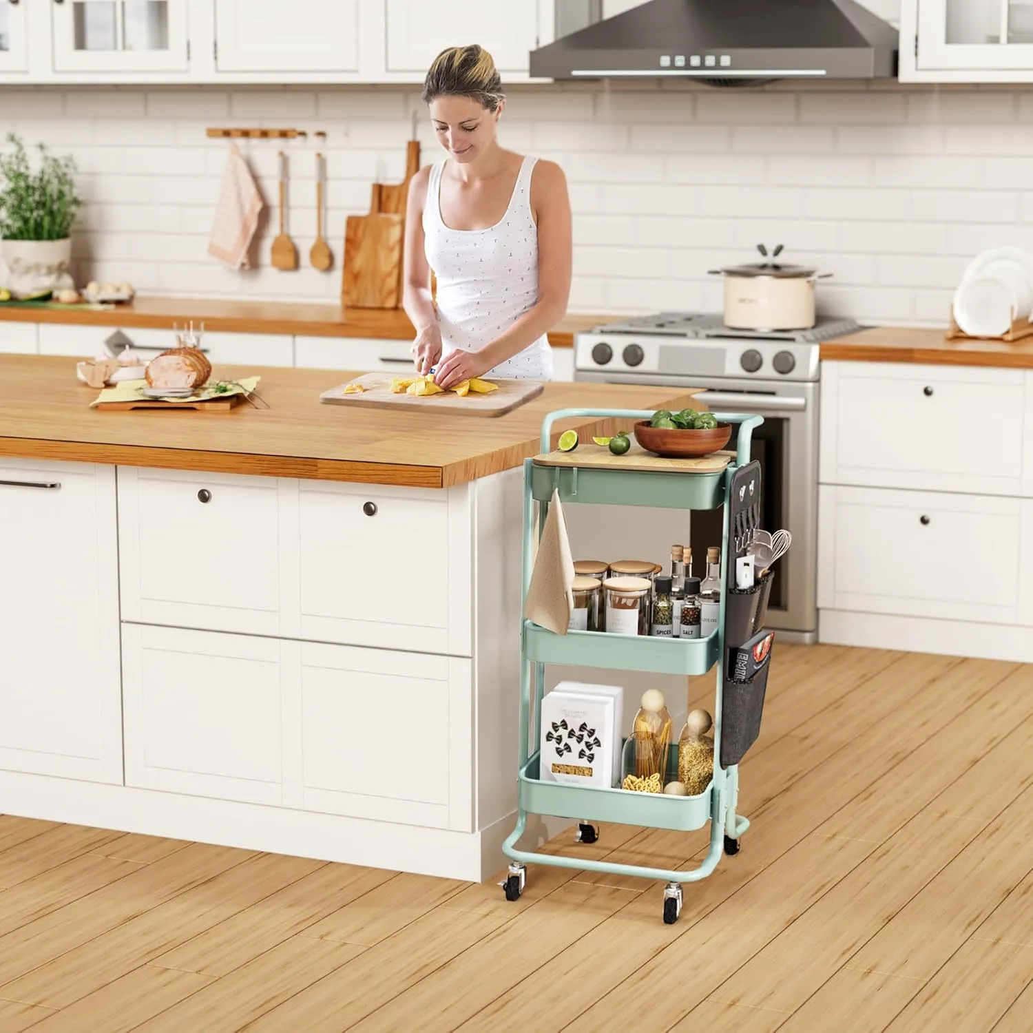 DTK 3 Tier Metal Utility Rolling Cart with Table Top and Side Bags, Metal Tray Storage Organizer Cart with Wheels, Art Craft Cart with 4 Hooks for Kitchen Bathroom Office Living Room (Green)