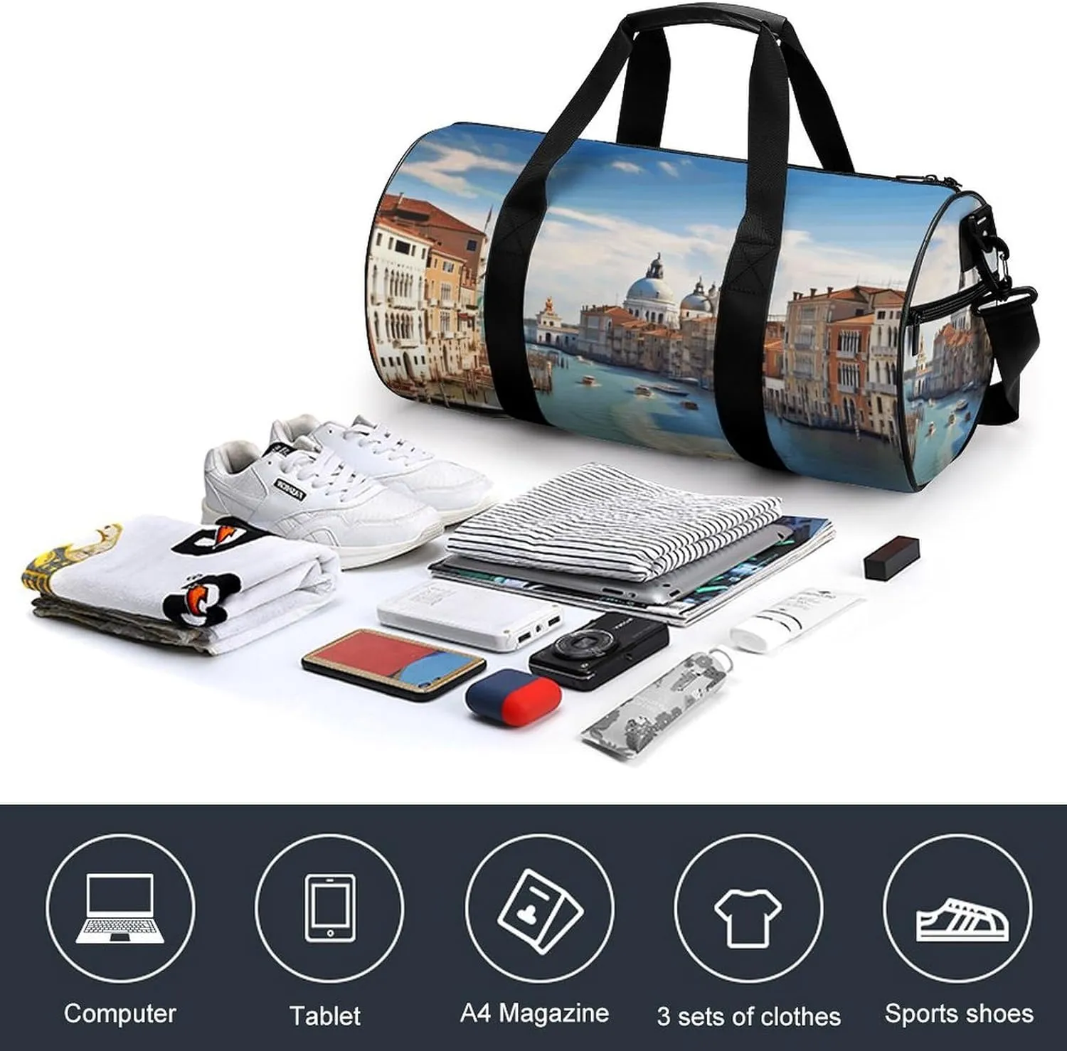 Duffel Bag for Men Women Gym Bag Grand Canal in Italy Travel Duffel Bag Waterproof Overnight Bag for Sports Workout