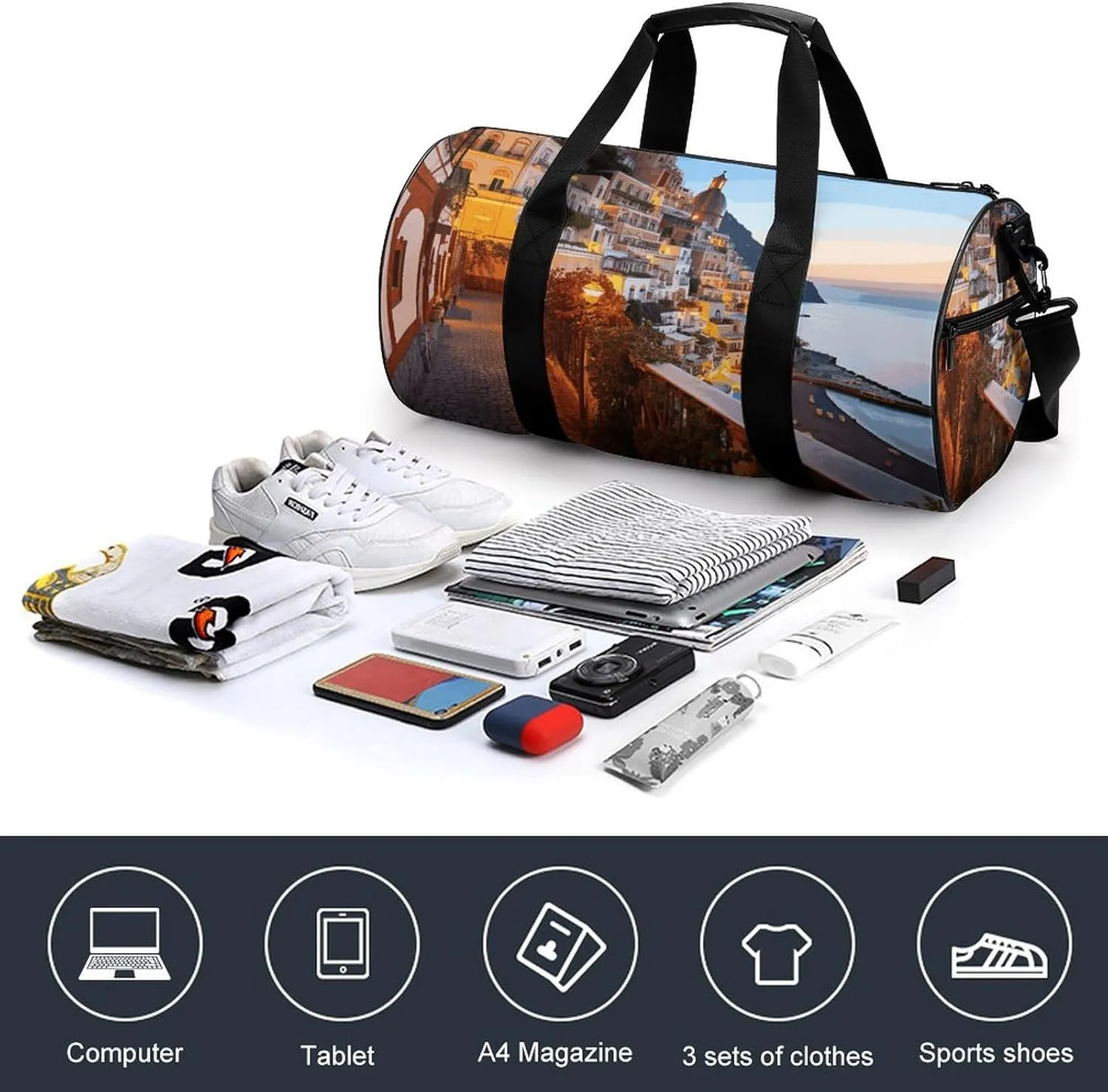 Duffel Bag for Men Women Gym Bag Positano Seaside Sunset Travel Duffel Bag Waterproof Overnight Bag for Sports Workout