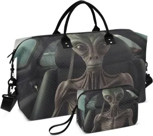Duffel Bag Set for Travel Gym Sport, Weekender Bag Carry on Overnight Bags for Women Men-Alien in Car Print