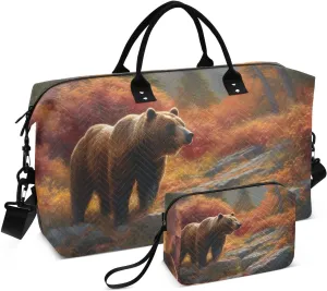 Duffel Bag Set for Travel Gym Sport, Weekender Bag Carry on Overnight Bags for Women Men-Autumn Bear Print