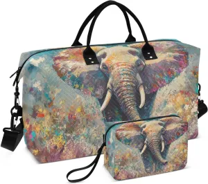 Duffel Bag Set for Travel Gym Sport, Weekender Bag Carry on Overnight Bags for Women Men-Elephant Oil Painting Print