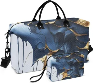 Duffel Bag Set for Travel Gym Sport, Weekender Bag Carry on Overnight Bags for Women Men-Gold Blue Fluid Print