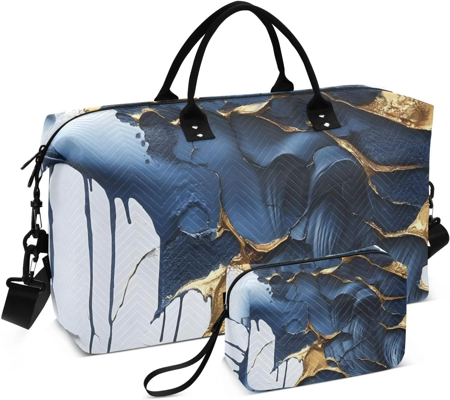 Duffel Bag Set for Travel Gym Sport, Weekender Bag Carry on Overnight Bags for Women Men-Gold Blue Fluid Print