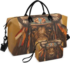 Duffel Bag Set for Travel Gym Sport, Weekender Bag Carry on Overnight Bags for Women Men-Indian Bison Print