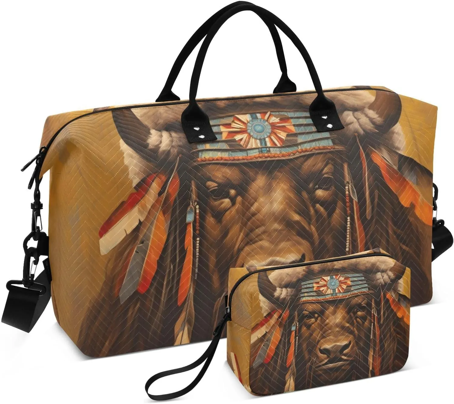 Duffel Bag Set for Travel Gym Sport, Weekender Bag Carry on Overnight Bags for Women Men-Indian Bison Print