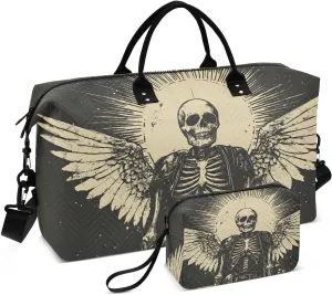 Duffel Bag Set for Travel Gym Sport, Weekender Bag Carry on Overnight Bags for Women Men-Skeleton with Wings Print