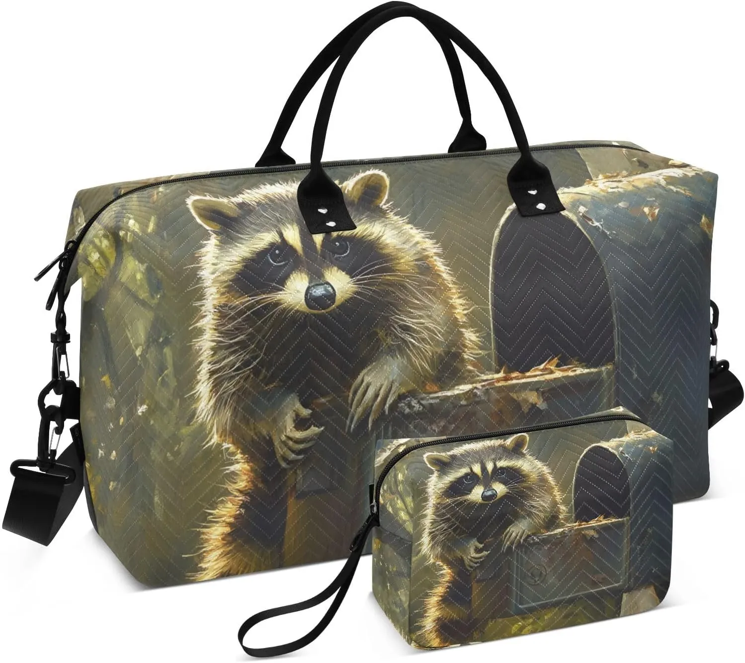 Duffel Bag Set for Travel Gym Sport, Weekender Bags Carry on Overnight Bags for Women Men-Cute Raccoon Print
