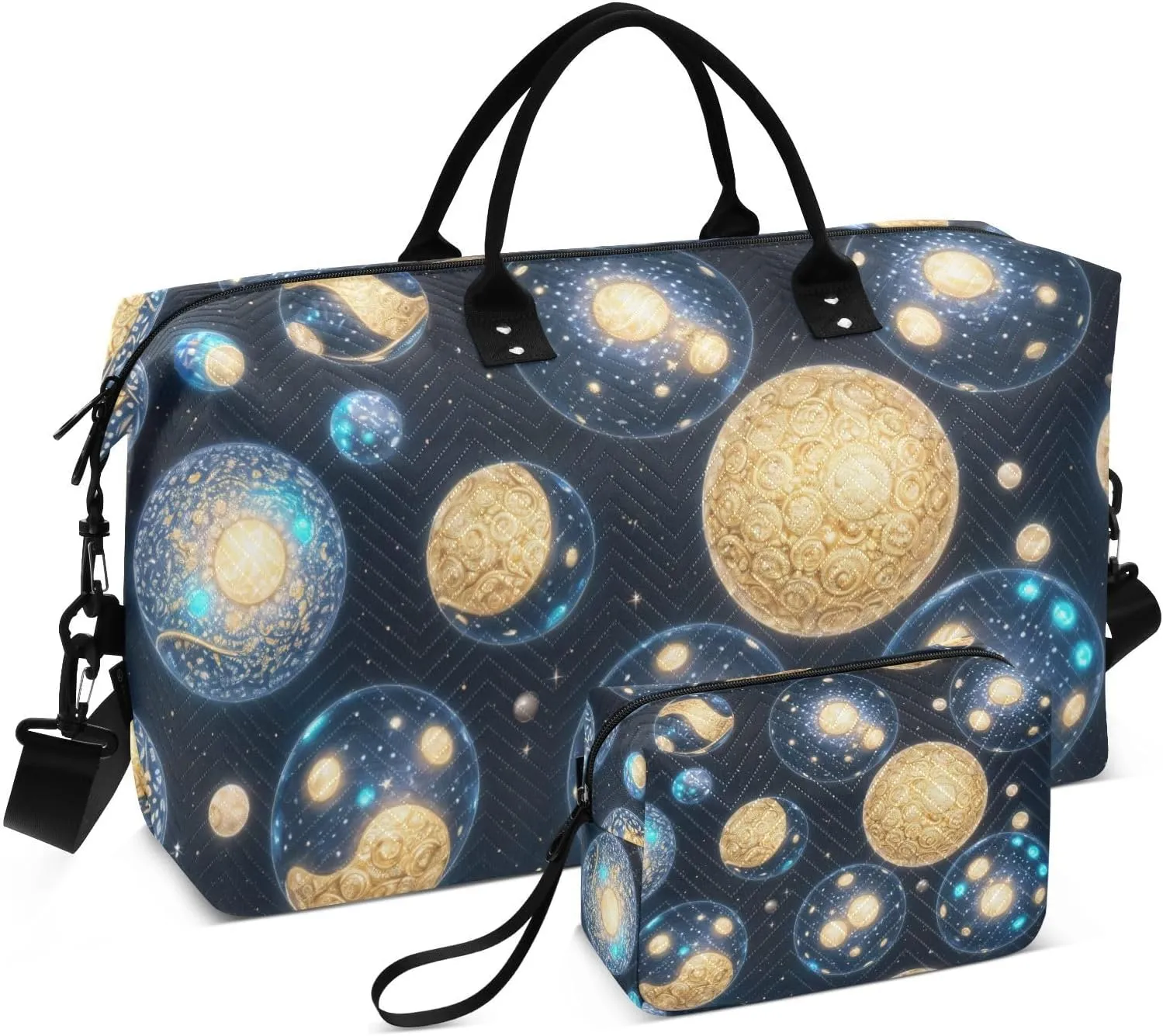 Duffel Bag Set with Toiletry Bag for Travel Gym Sport, Luggage Sleeve Weekender Bags Carry on Overnight Bag-Cosmic Balls Print