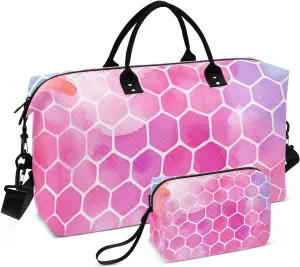 Duffel Bag Set with Toiletry Bag for Travel Gym Sport, Luggage Sleeve Weekender Bags Carry on Overnight Bag-Red Hexagonal Grid Print