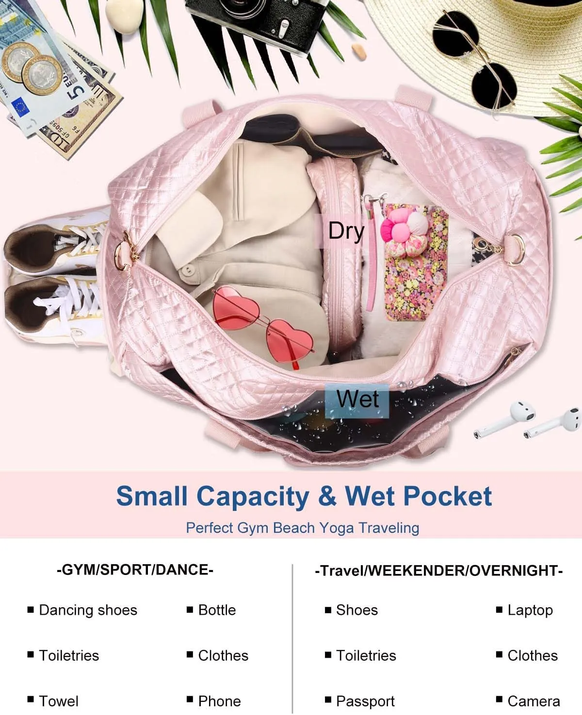 Duffle Bag for Travel - Weekender Bag with Cosmetic Bag Overnight Bag for Women with Shoe Compartment 37L Carry On Gym Bag with Wet Pocket Business Trips Sports Hospital Bags for Labor and Delivery