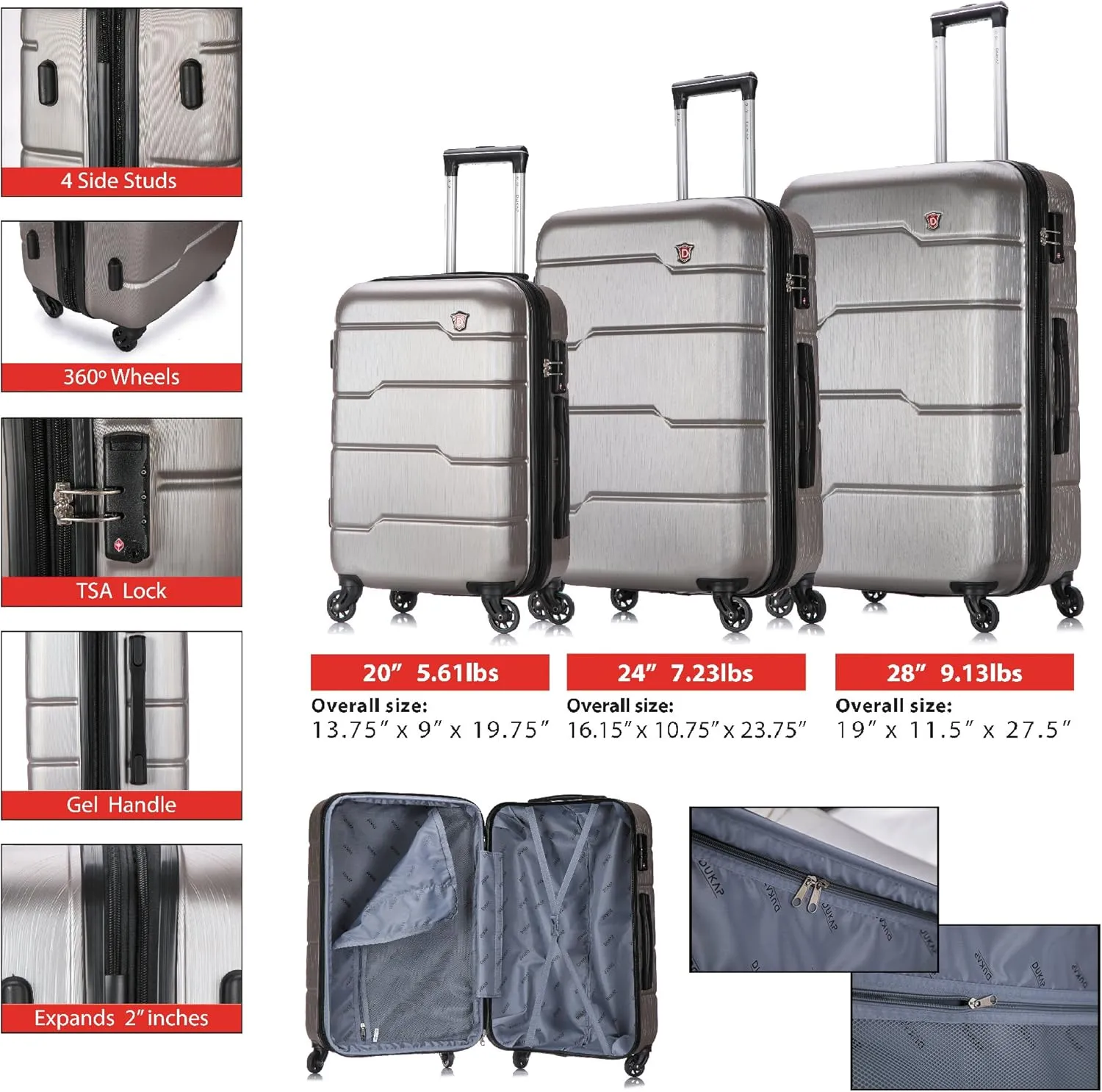 DUKAP RODEZ Hardside Luggage Set with Ergonomic Handles and TSA Lock | Spacious Travel Suitcase with Four Spinner Wheels and Studs | (20/24/28) 3 Piece Luggage Set | Silver