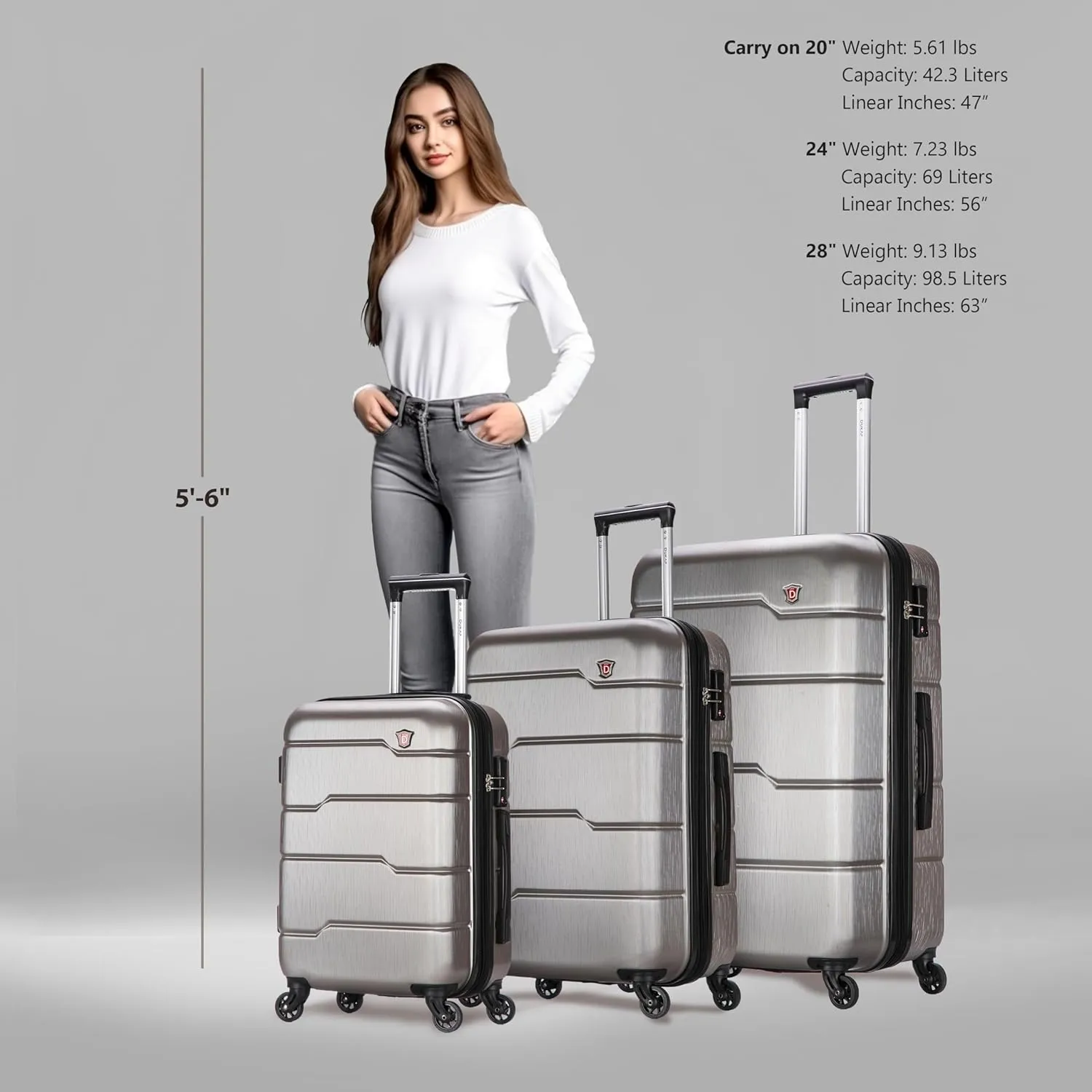 DUKAP RODEZ Hardside Luggage Set with Ergonomic Handles and TSA Lock | Spacious Travel Suitcase with Four Spinner Wheels and Studs | (20/24/28) 3 Piece Luggage Set | Silver