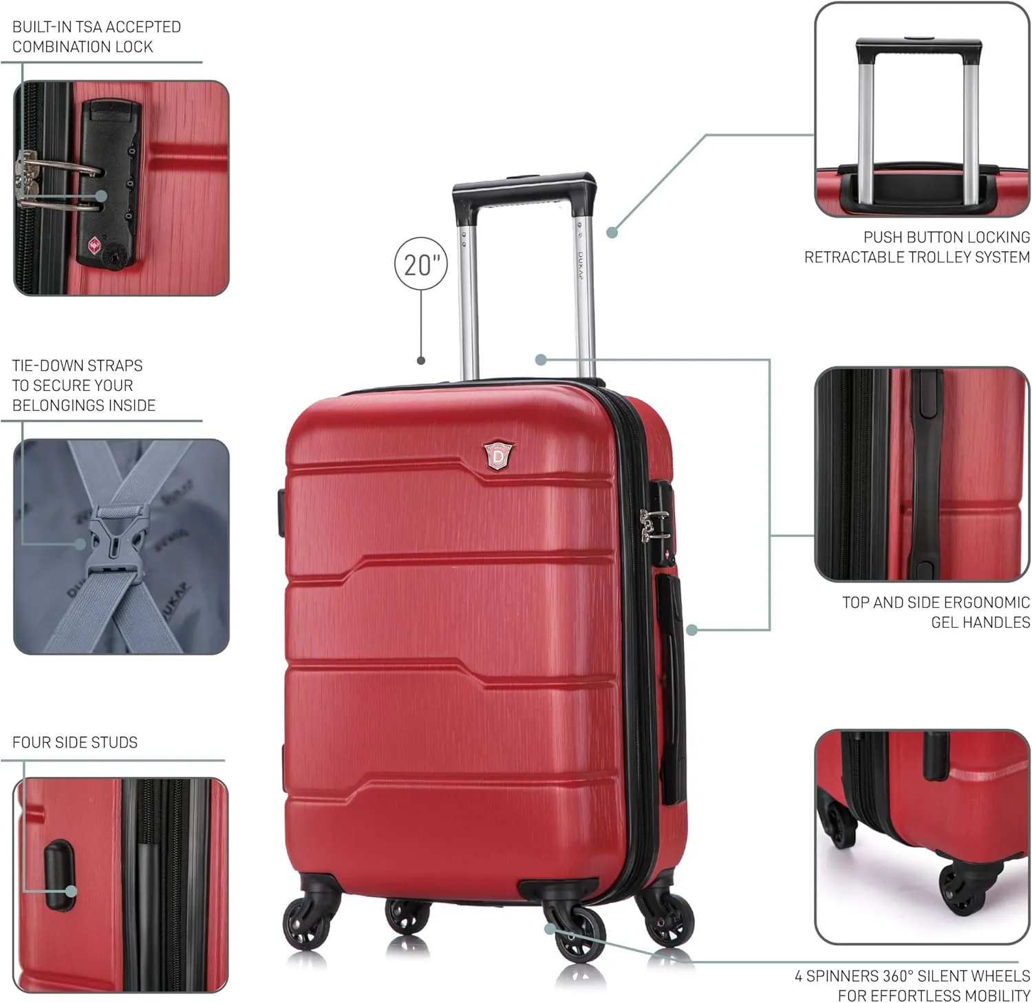 DUKAP RODEZ Hardside Luggage with Ergonomic Handles and TSA Lock | Spacious Traveling Suitcase Travel Suitcase with Four Spinner Wheels and Studs | 20 Inch Carry On Luggage | Red