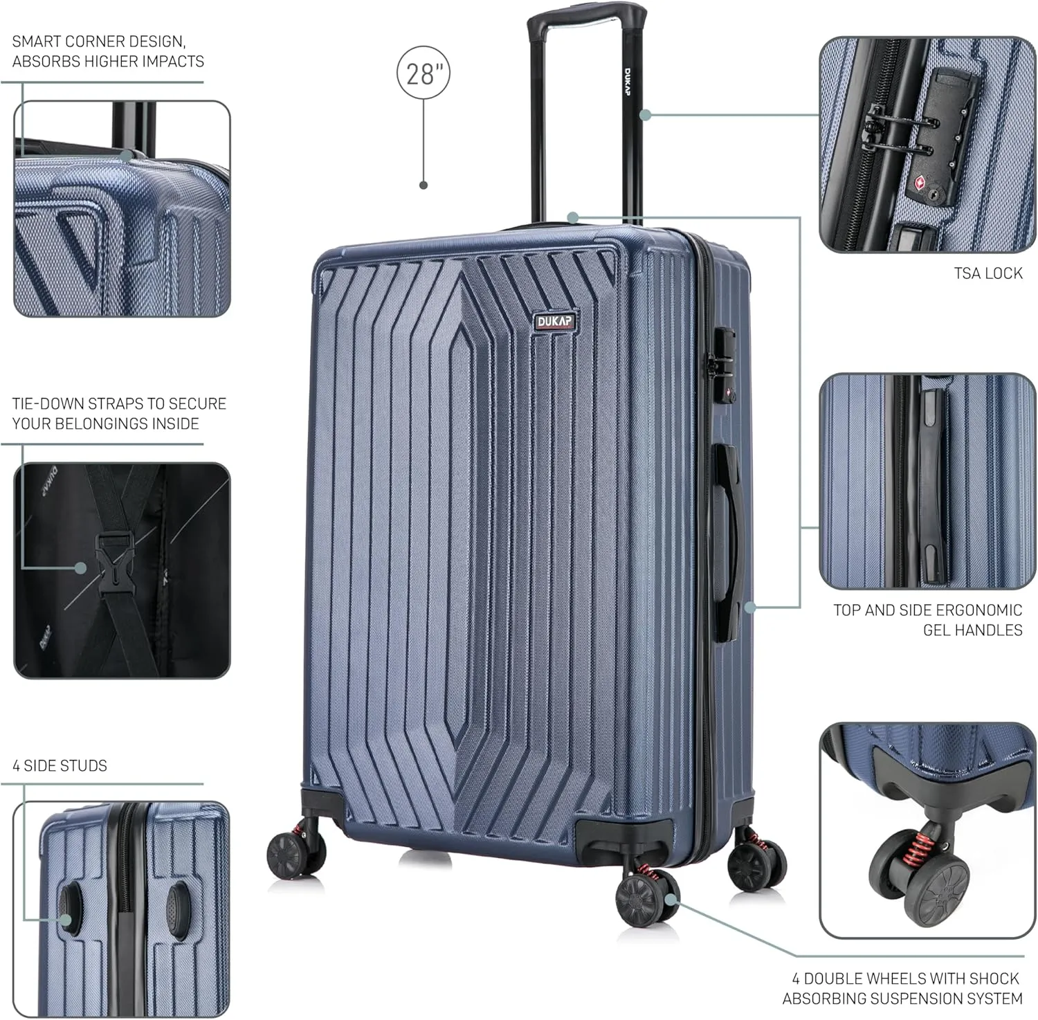 DUKAP STRATOS 28 Inch Large Hardside Luggage with GEL Handle and TSA Lock Travel Suitcase with Spinner Wheels and Studs Blue