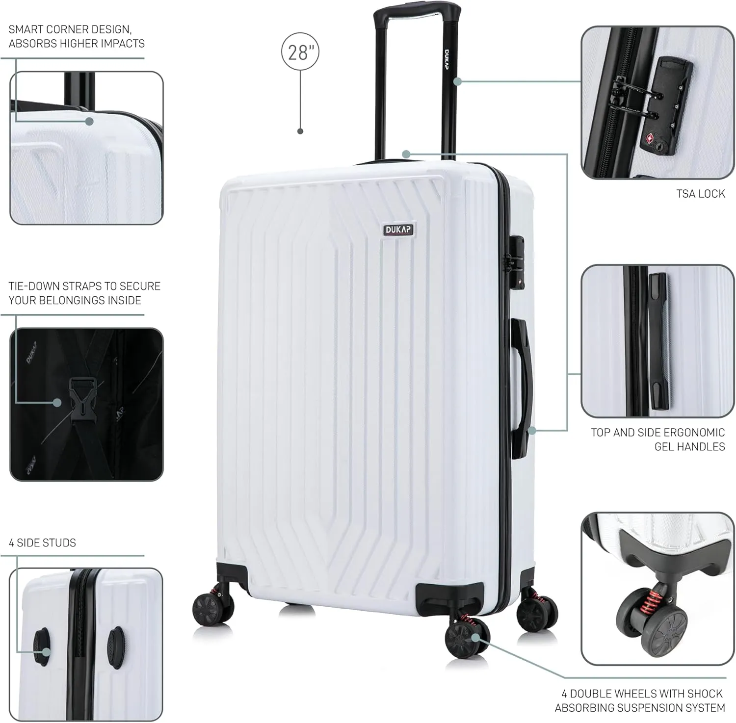 DUKAP STRATOS 28 Inch Large Hardside Luggage with GEL Handle and TSA Lock Travel Suitcase with Spinner Wheels and Studs White