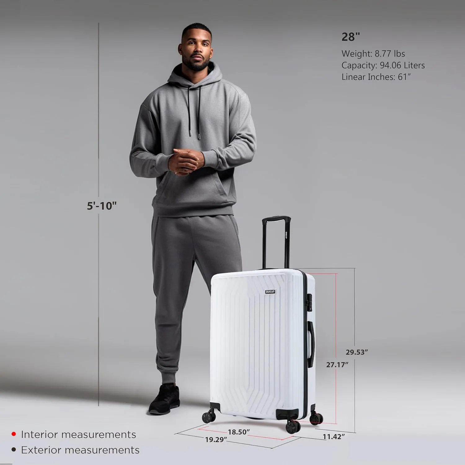 DUKAP STRATOS 28 Inch Large Hardside Luggage with GEL Handle and TSA Lock Travel Suitcase with Spinner Wheels and Studs White