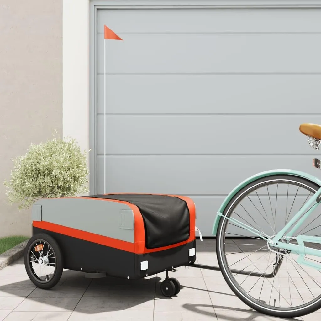 Durable and Spacious Bike Trailer for Heavy Goods, Iron Frame, Safety Flag Included, Black and Orange