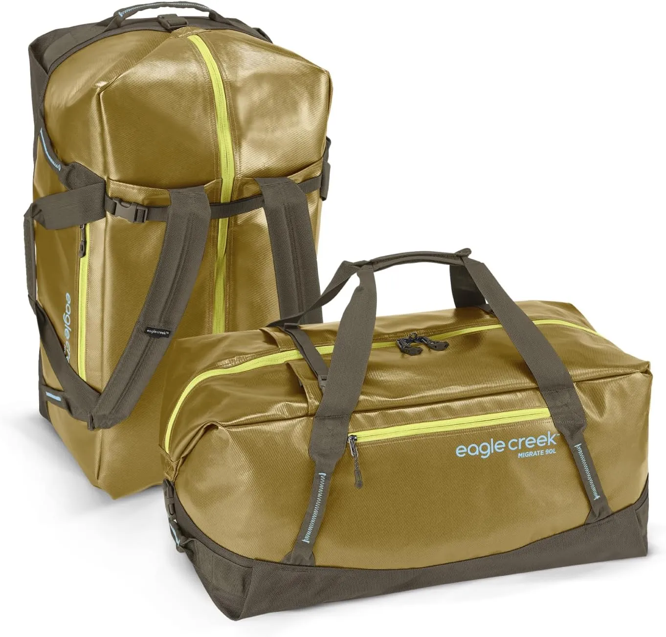 Eagle Creek Migrate 90L Travel Backpack Duffle Bag with Tuck-Away Backpack Straps, Full-Access Wide Mouth Opening & Seamless Bottom Bathtub Construction, Field Brown