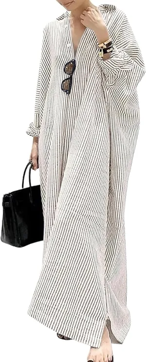 ebossy Women's Casual Stripes Buttoned Long Sleeve Oversized Loose Fit Maxi Shirt Dress Plus Size