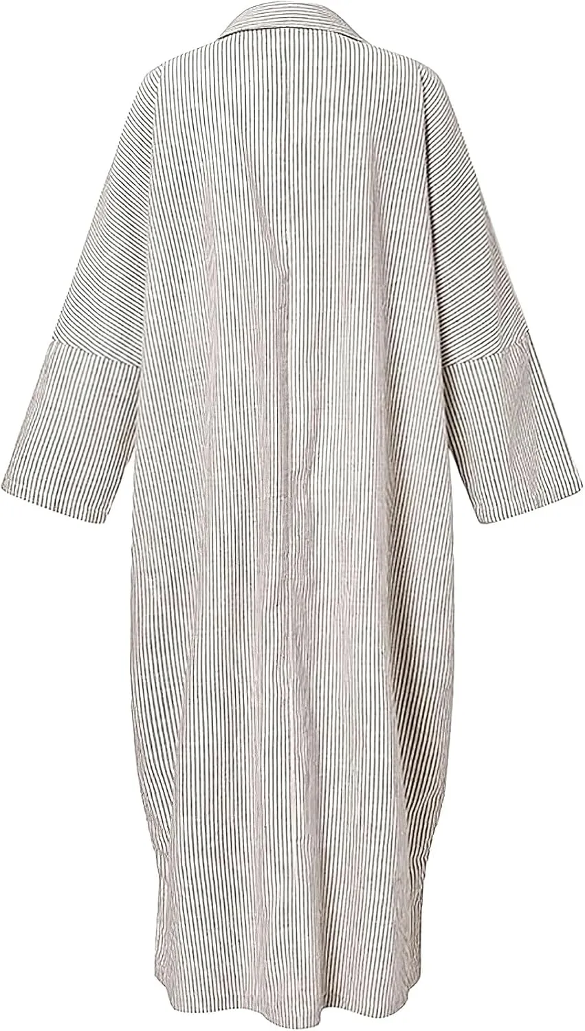 ebossy Women's Casual Stripes Buttoned Long Sleeve Oversized Loose Fit Maxi Shirt Dress Plus Size