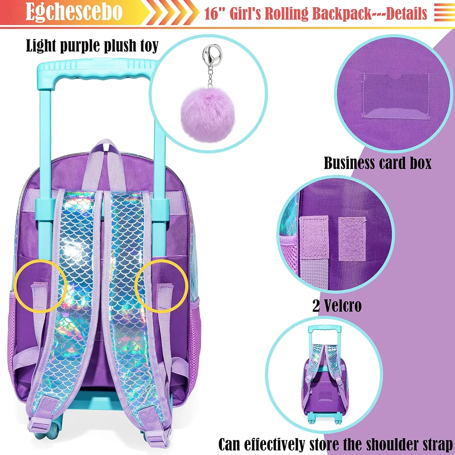 Egchescebo School Kids Rolling Backpack for Girls With Wheels Trolley Wheeled Backpacks Travel Bags 3PCS Mermaid Girls Backpack With Lunch Box Rolling Suitcase Blue
