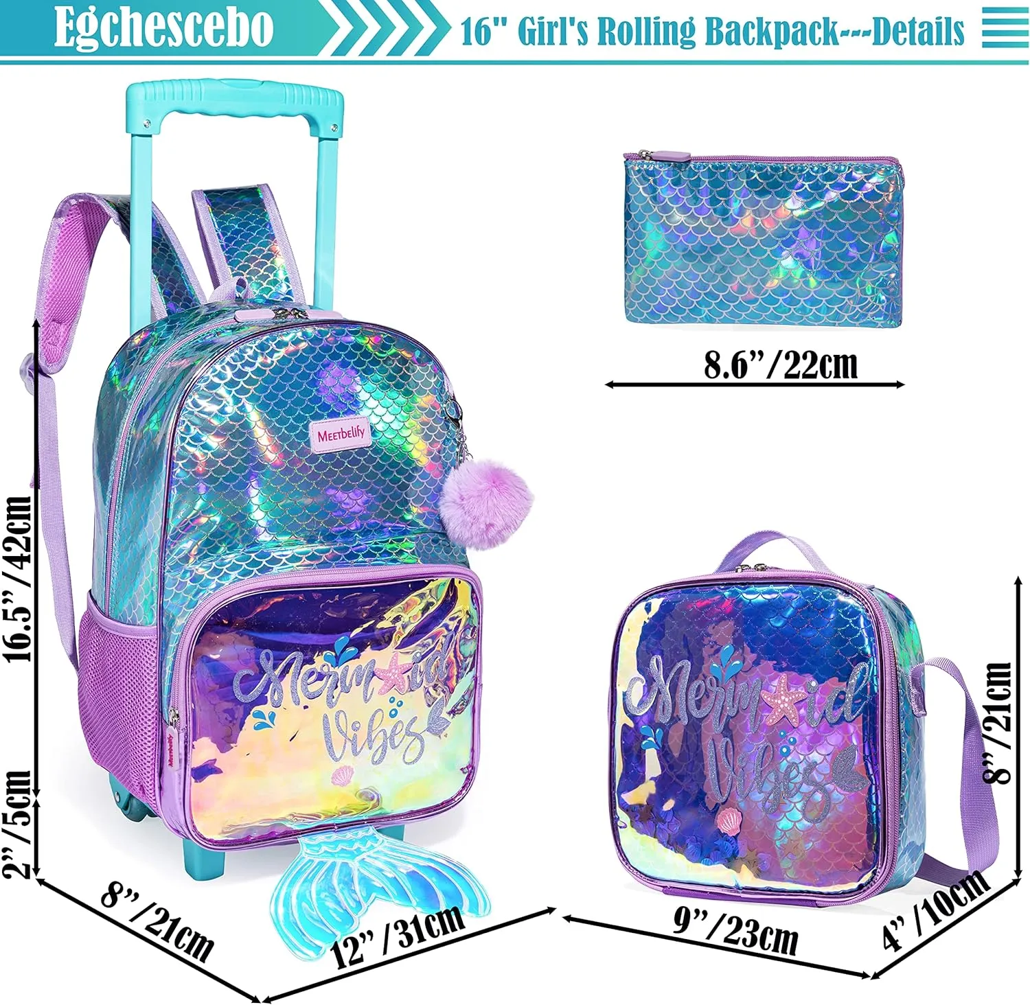 Egchescebo School Kids Rolling Backpack for Girls With Wheels Trolley Wheeled Backpacks Travel Bags 3PCS Mermaid Girls Backpack With Lunch Box Rolling Suitcase Blue
