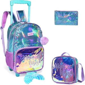 Egchescebo School Kids Rolling Backpack for Girls With Wheels Trolley Wheeled Backpacks Travel Bags 3PCS Mermaid Girls Backpack With Lunch Box Rolling Suitcase Blue