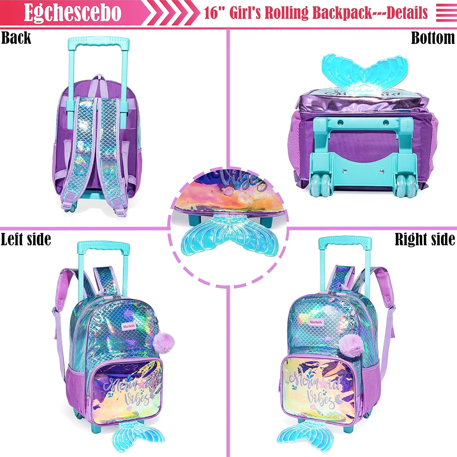 Egchescebo School Kids Rolling Backpack for Girls With Wheels Trolley Wheeled Backpacks Travel Bags 3PCS Mermaid Girls Backpack With Lunch Box Rolling Suitcase Blue