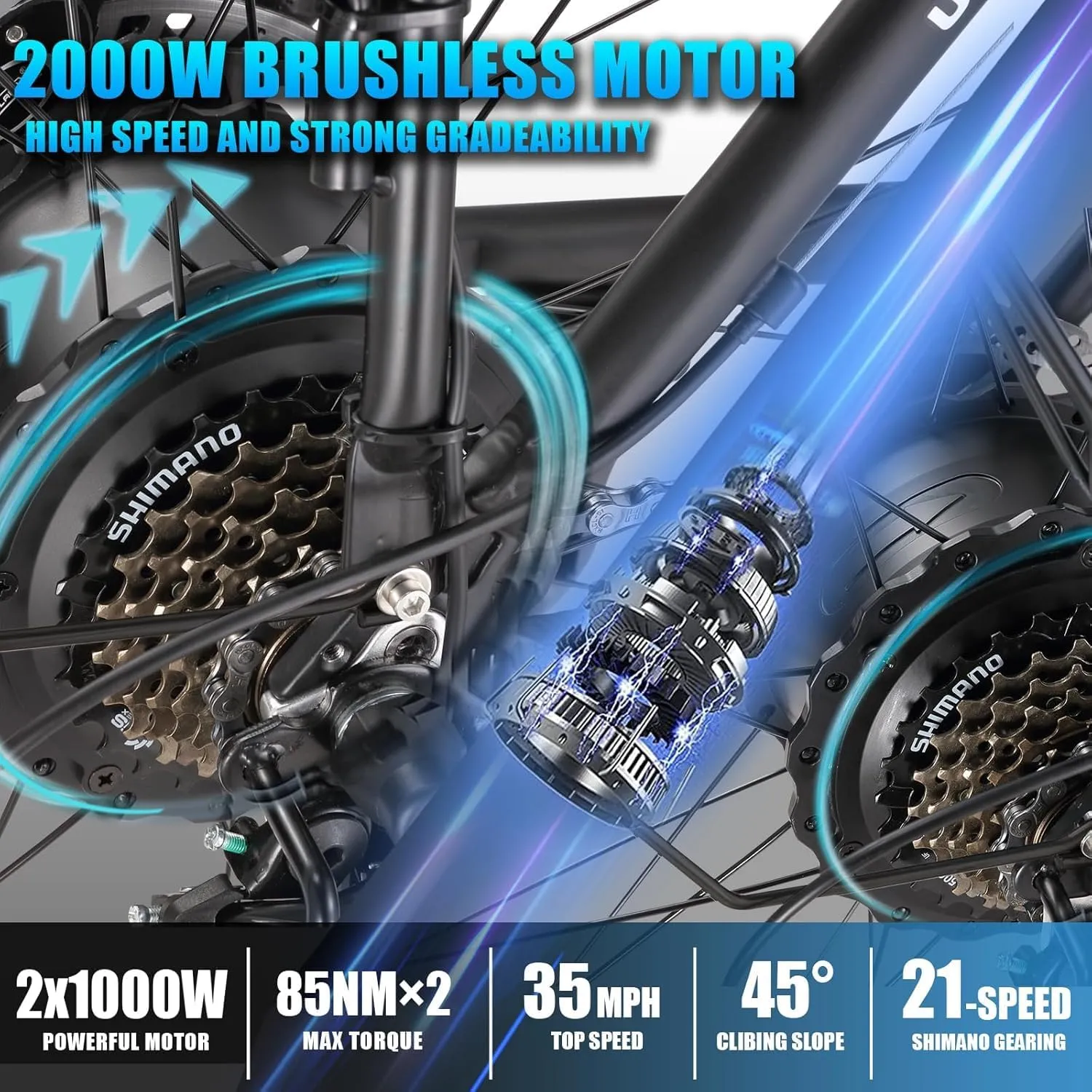 Electric Bike 1000W/2000W Motor, UL Certified, 48V 15/23AH Removable Battery, 26" Fat Tire All-Terrain Ebike, Aluminum Frame, Dual Hydraulic Suspension, Front and Rear Lights, 28-32MPH