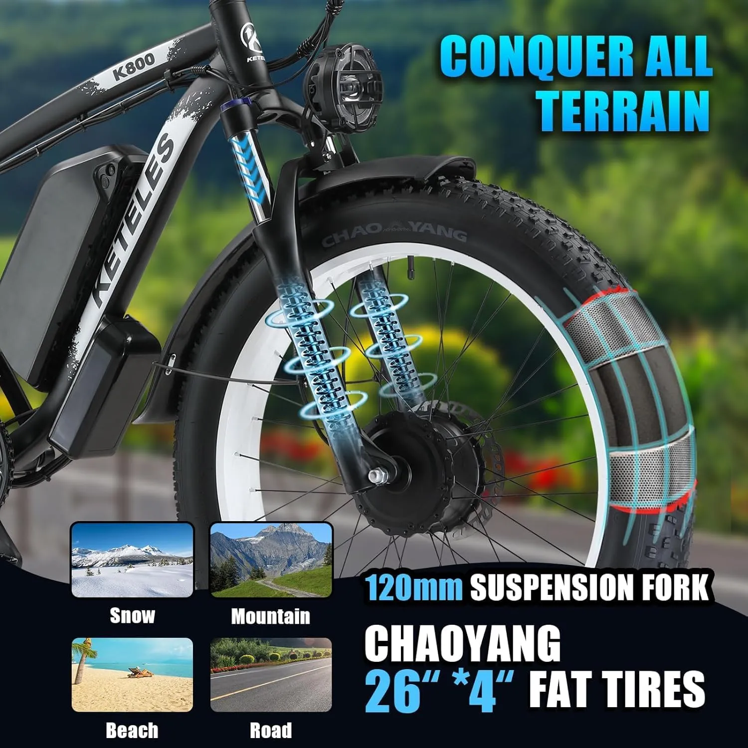 Electric Bike 1000W/2000W Motor, UL Certified, 48V 15/23AH Removable Battery, 26" Fat Tire All-Terrain Ebike, Aluminum Frame, Dual Hydraulic Suspension, Front and Rear Lights, 28-32MPH