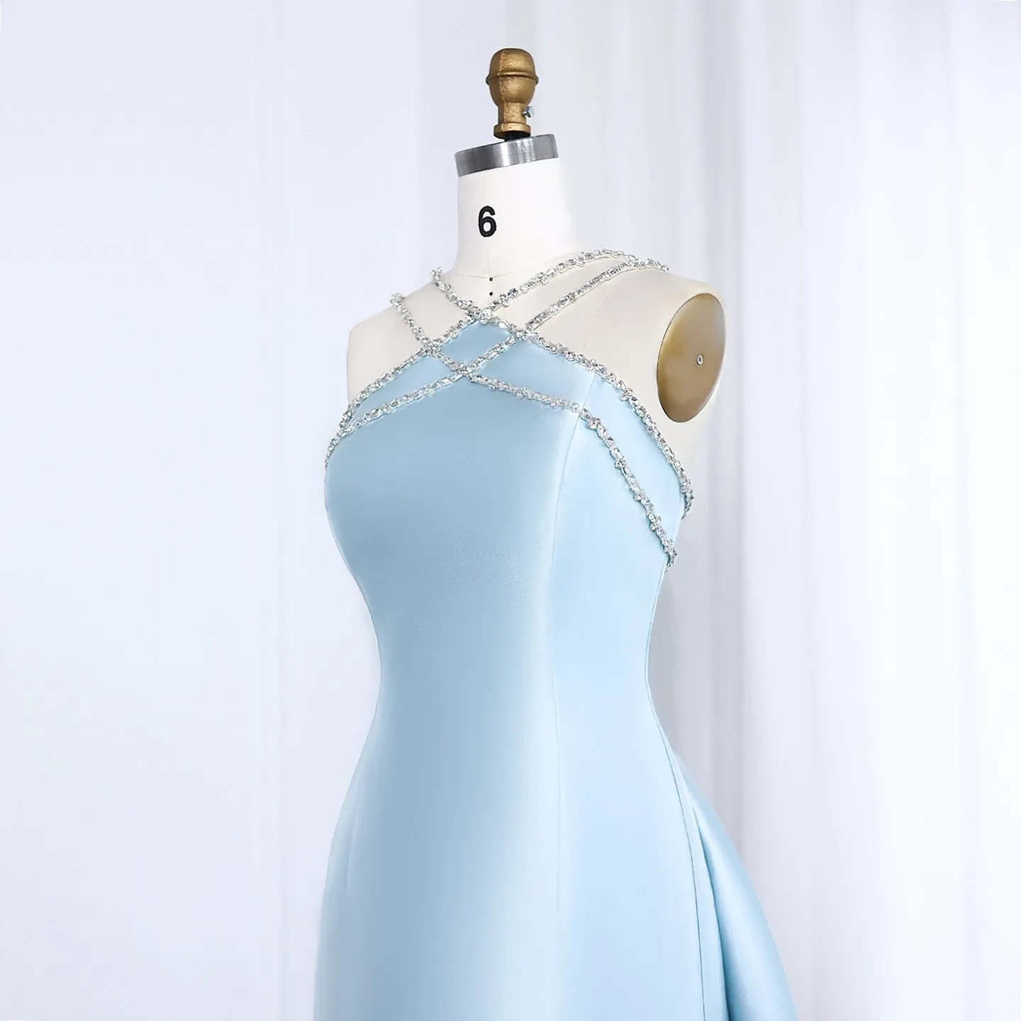 Elegant Light Blue Satin Arabic Evening Dress with Overskirt SF048