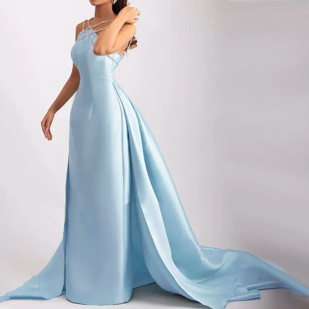 Elegant Light Blue Satin Arabic Evening Dress with Overskirt SF048