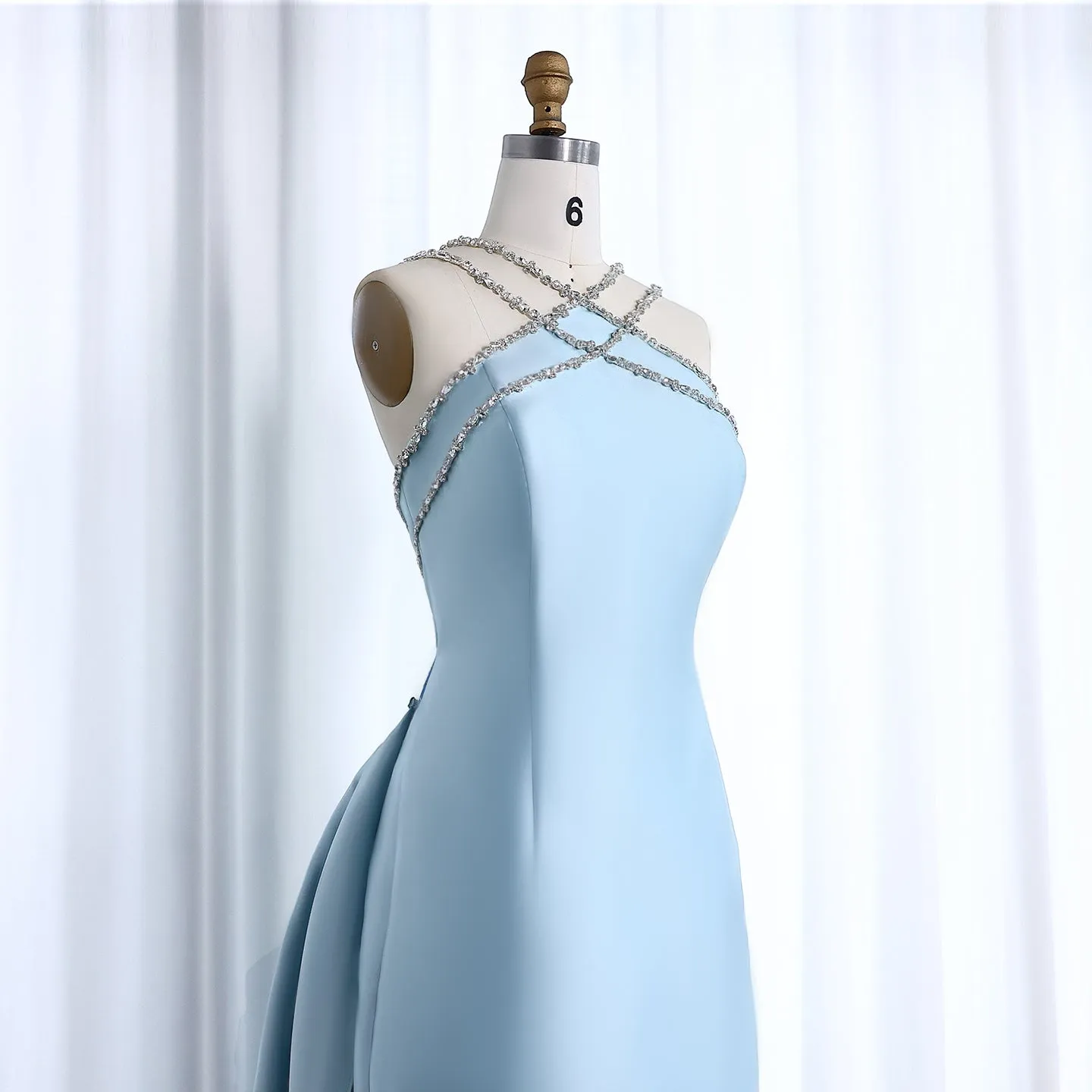 Elegant Light Blue Satin Arabic Evening Dress with Overskirt SF048