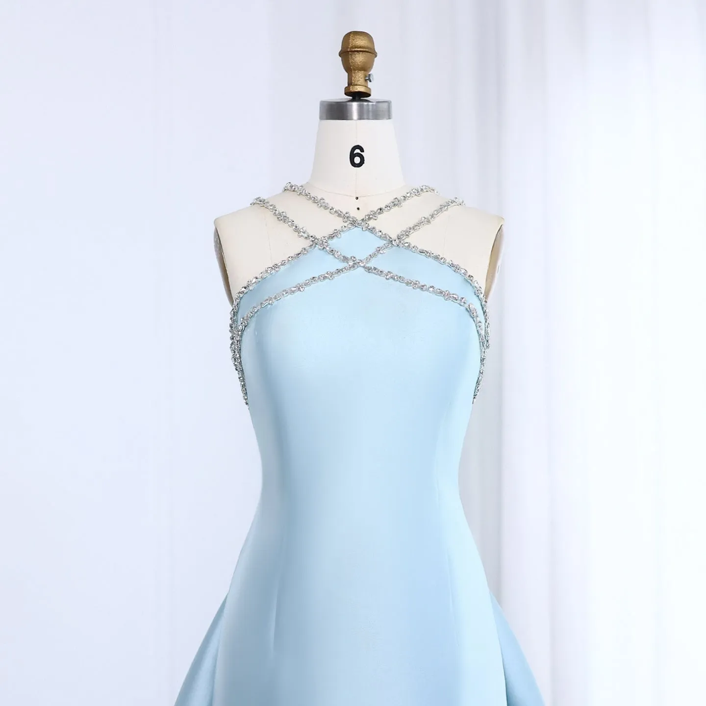 Elegant Light Blue Satin Arabic Evening Dress with Overskirt SF048
