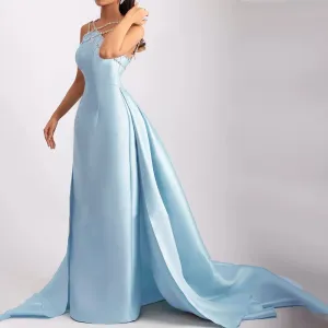 Elegant Light Blue Satin Arabic Evening Dress with Overskirt SF048