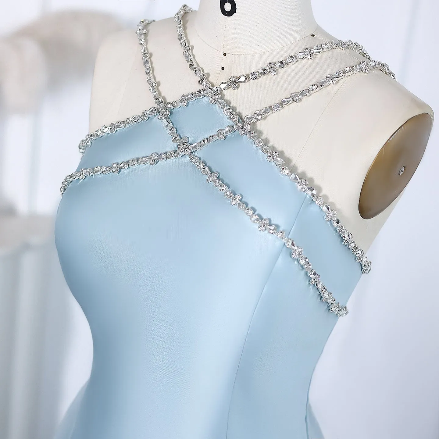Elegant Light Blue Satin Arabic Evening Dress with Overskirt SF048