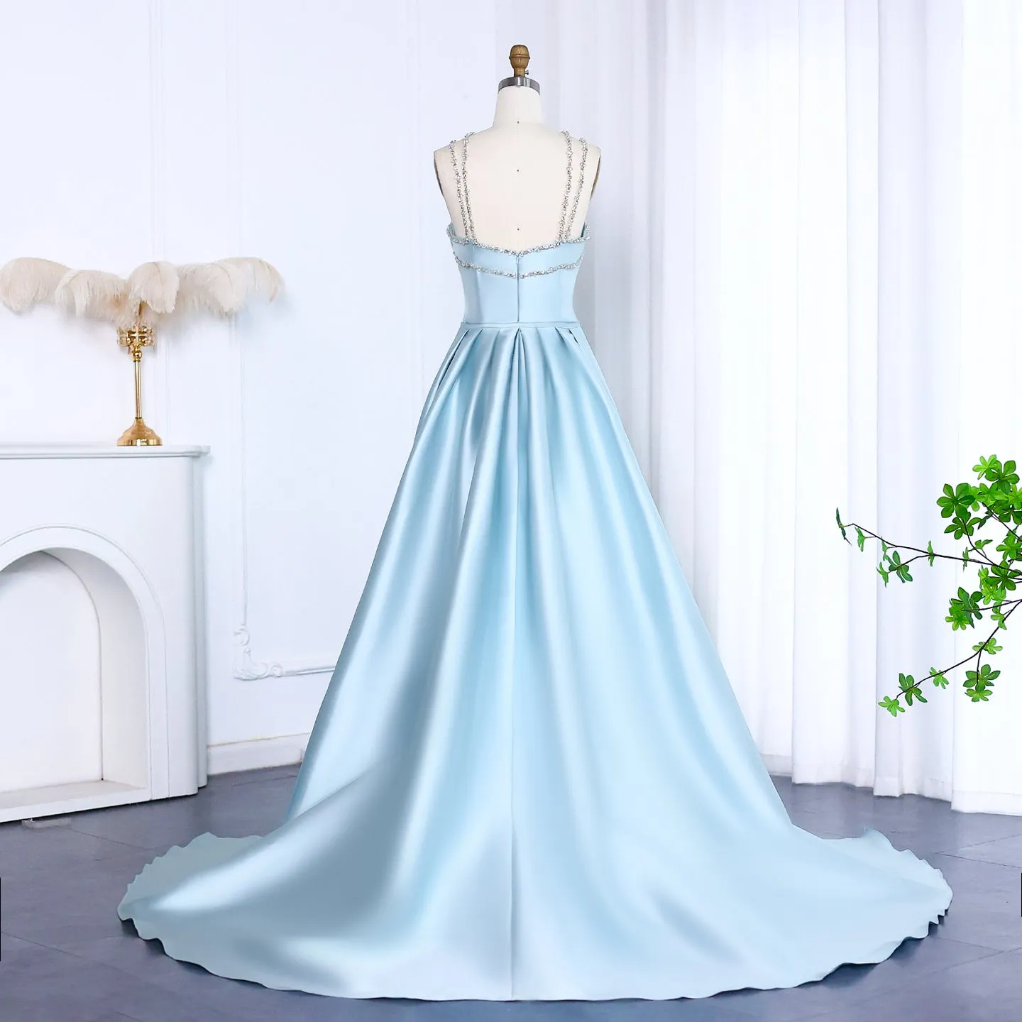 Elegant Light Blue Satin Arabic Evening Dress with Overskirt SF048