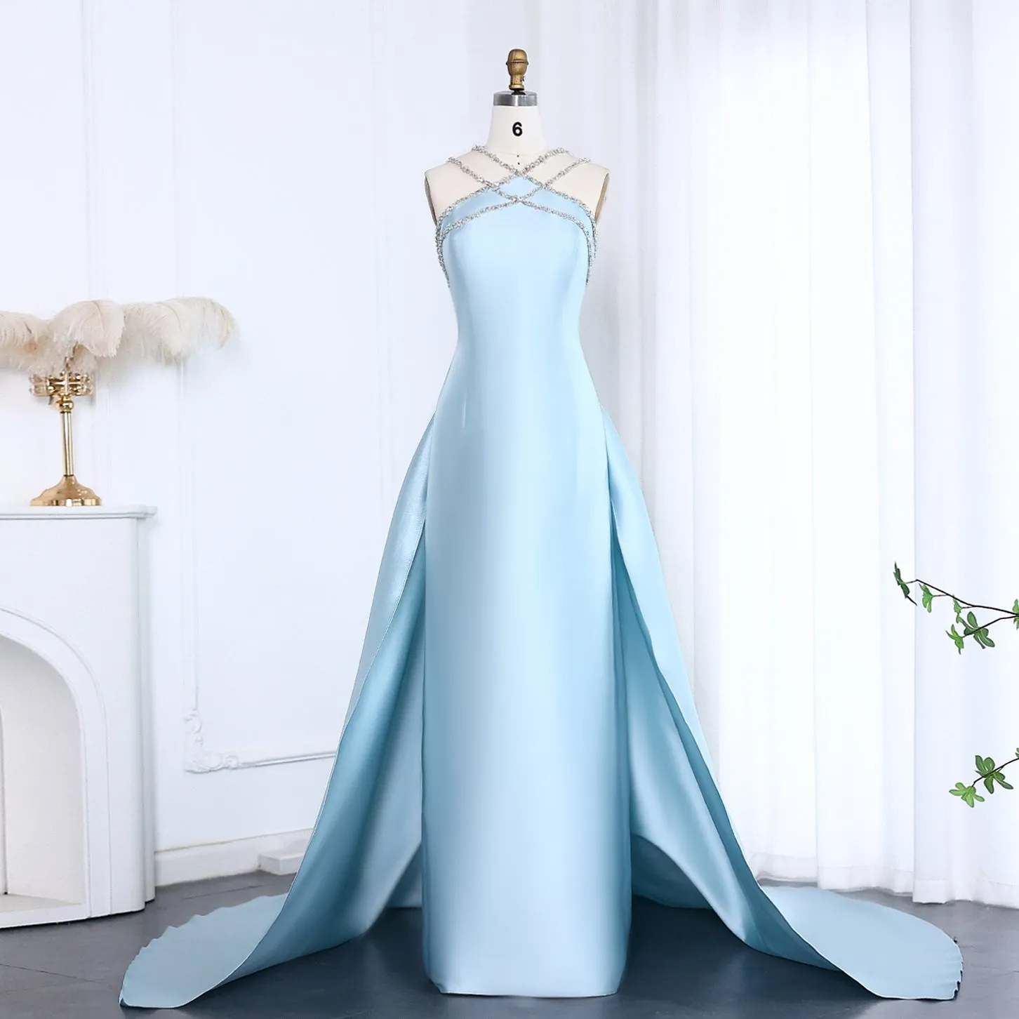 Elegant Light Blue Satin Arabic Evening Dress with Overskirt SF048