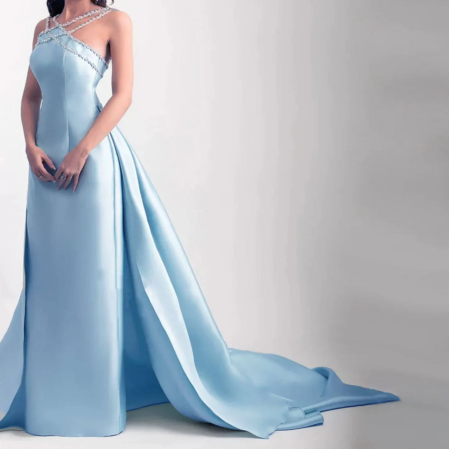 Elegant Light Blue Satin Arabic Evening Dress with Overskirt SF048