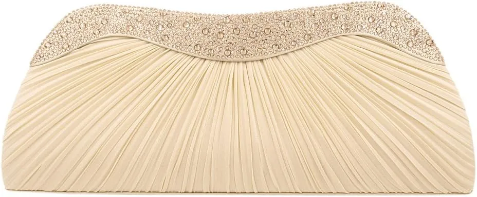 Elegant Pleated Satin & Crystal Hard Clutch Evening Bag - Diff Colors Avail