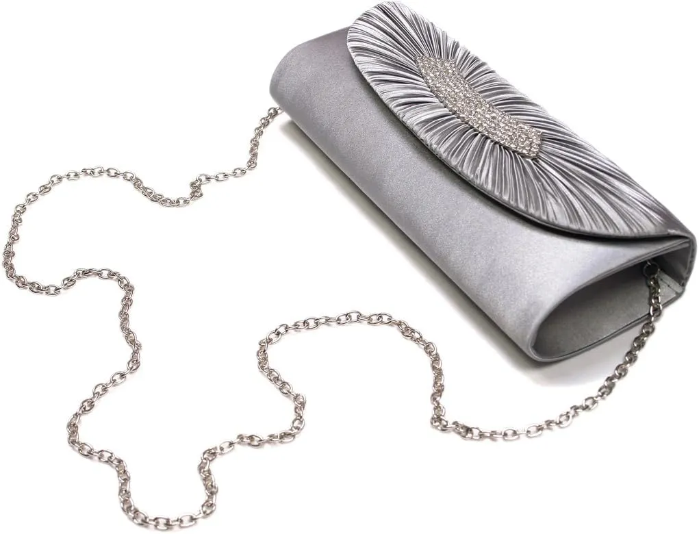Elegant Pleated Satin Flap Crystal Clutch Evening Bag - Diff Colors Avail