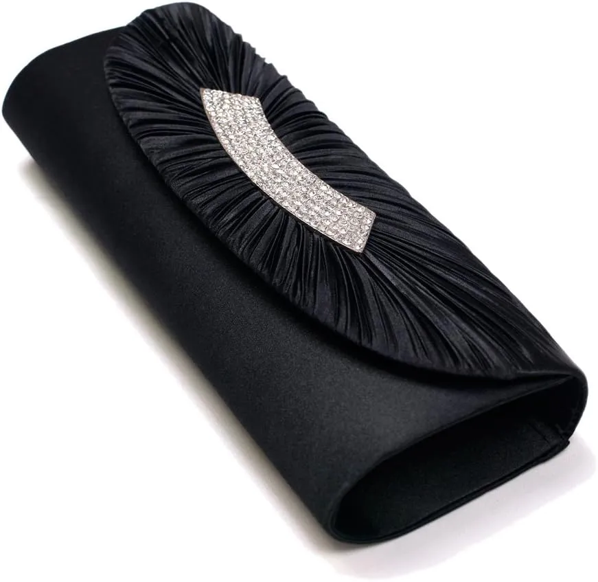 Elegant Pleated Satin Flap Crystal Clutch Evening Bag - Diff Colors Avail